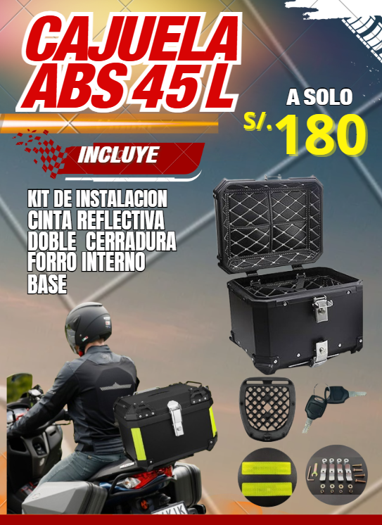 CAJUELA PARA MOTO ABS 45 LITROS CON FORRO INTERNO PREMIUM